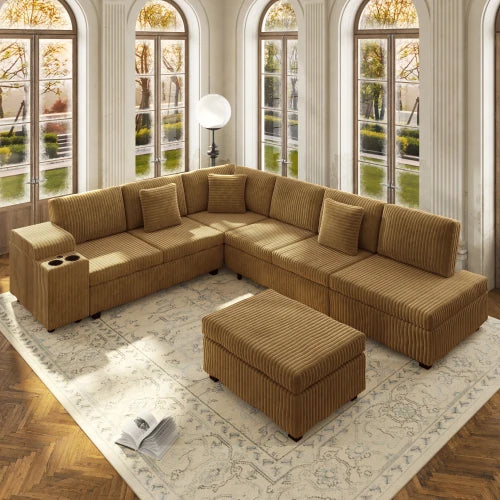 110.2" L-Shaped Sectional Sofa Set Removable Ottoman Convertible Sleeper Modern Design USB/Charging/Cup Holders Plush Corduroy
