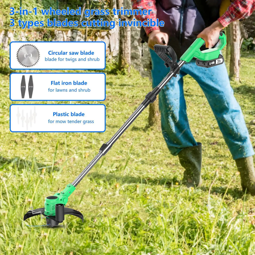 Cordless Lawn Mower 20V with Telescopic Folding Handle DIY Electric Grass Trimmer Battery Operated Garden Cutter