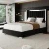 Modern White Platform Bed with Padded Headboard Metal Trim Low Profile Base for Contemporary Master Suite