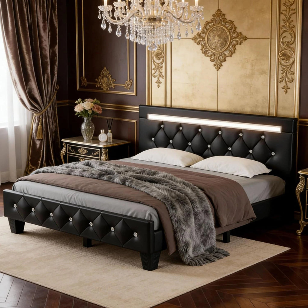 Modern Queen Size Storage Bed Frame with LED Light and Charging Station Faux Leather Upholstered Platform Bed
