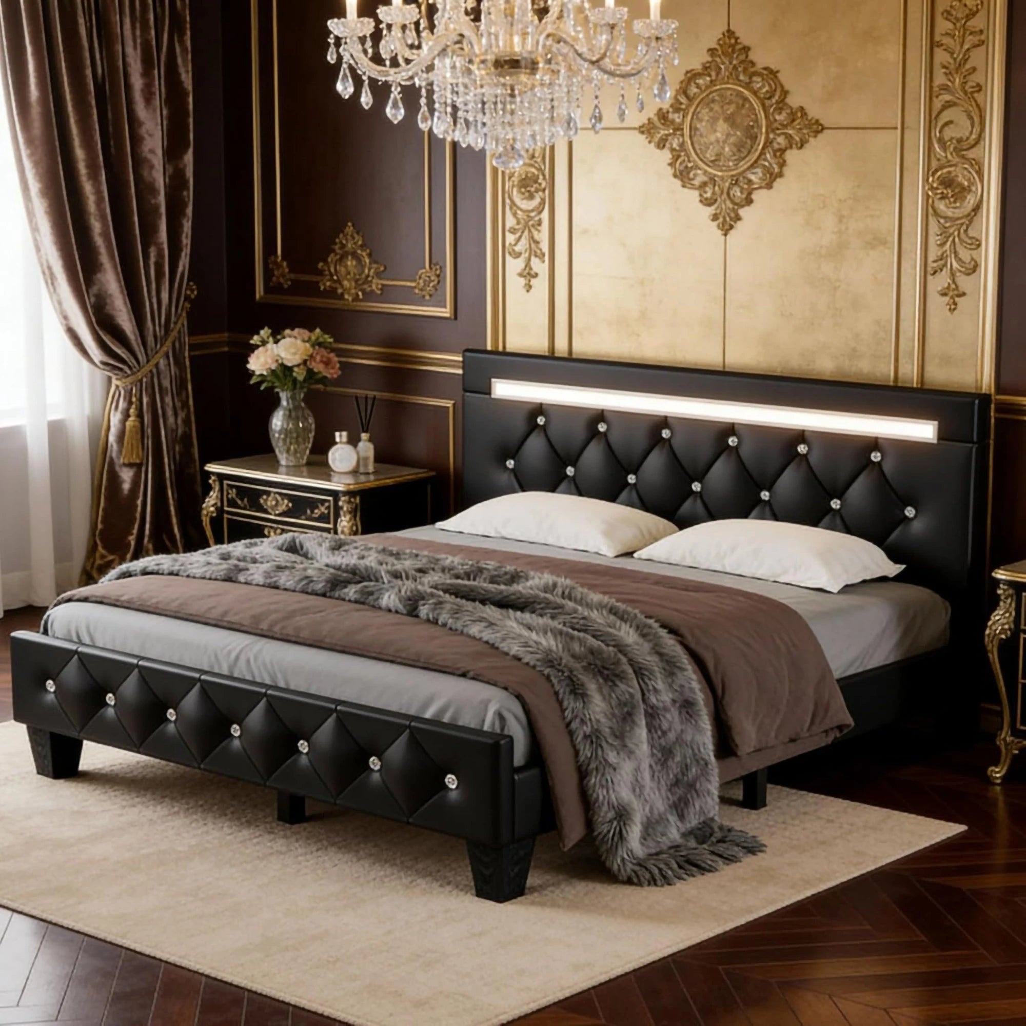 Modern Queen Size Storage Bed Frame with LED Light and Charging Station Faux Leather Upholstered Platform Bed