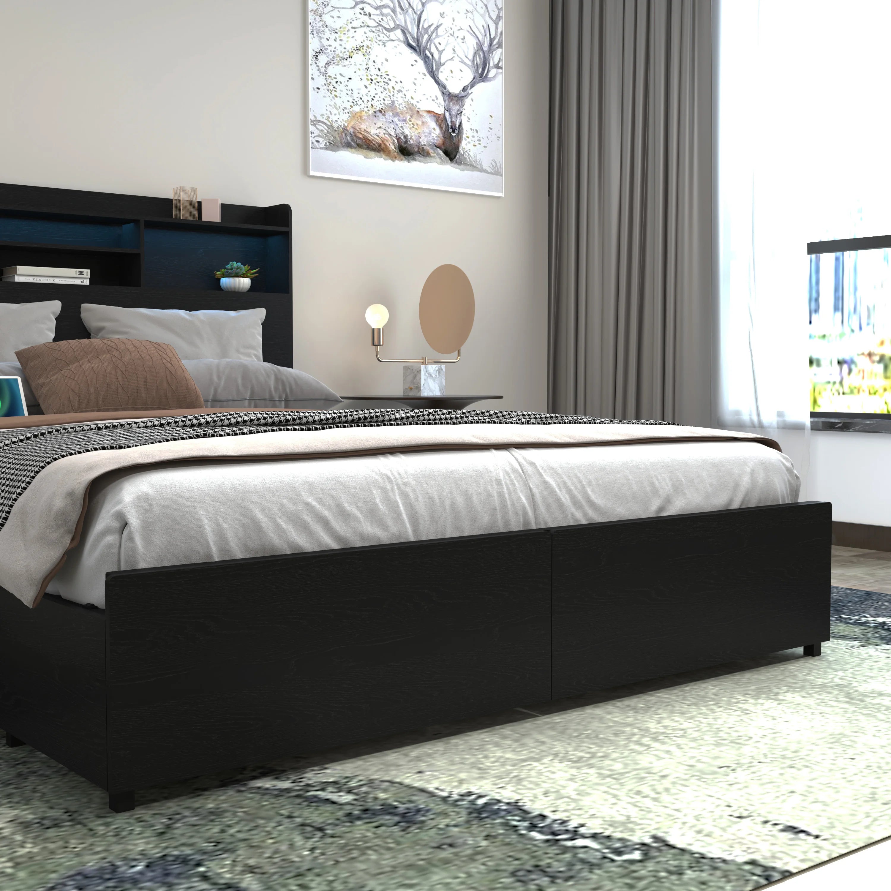 Full Size Bed Frame with 6 Storage Drawers and Storage Headboard, Storage Beds Frame with Charging Station and LED Light,
