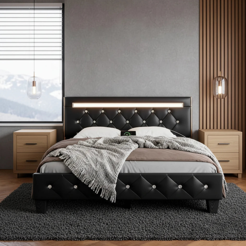 Modern Queen Size Storage Bed Frame with LED Light and Charging Station Faux Leather Upholstered Platform Bed