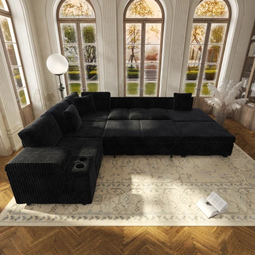 110.2" L-Shaped Sectional Sofa Set Removable Ottoman Convertible Sleeper Modern Design USB/Charging/Cup Holders Plush Corduroy