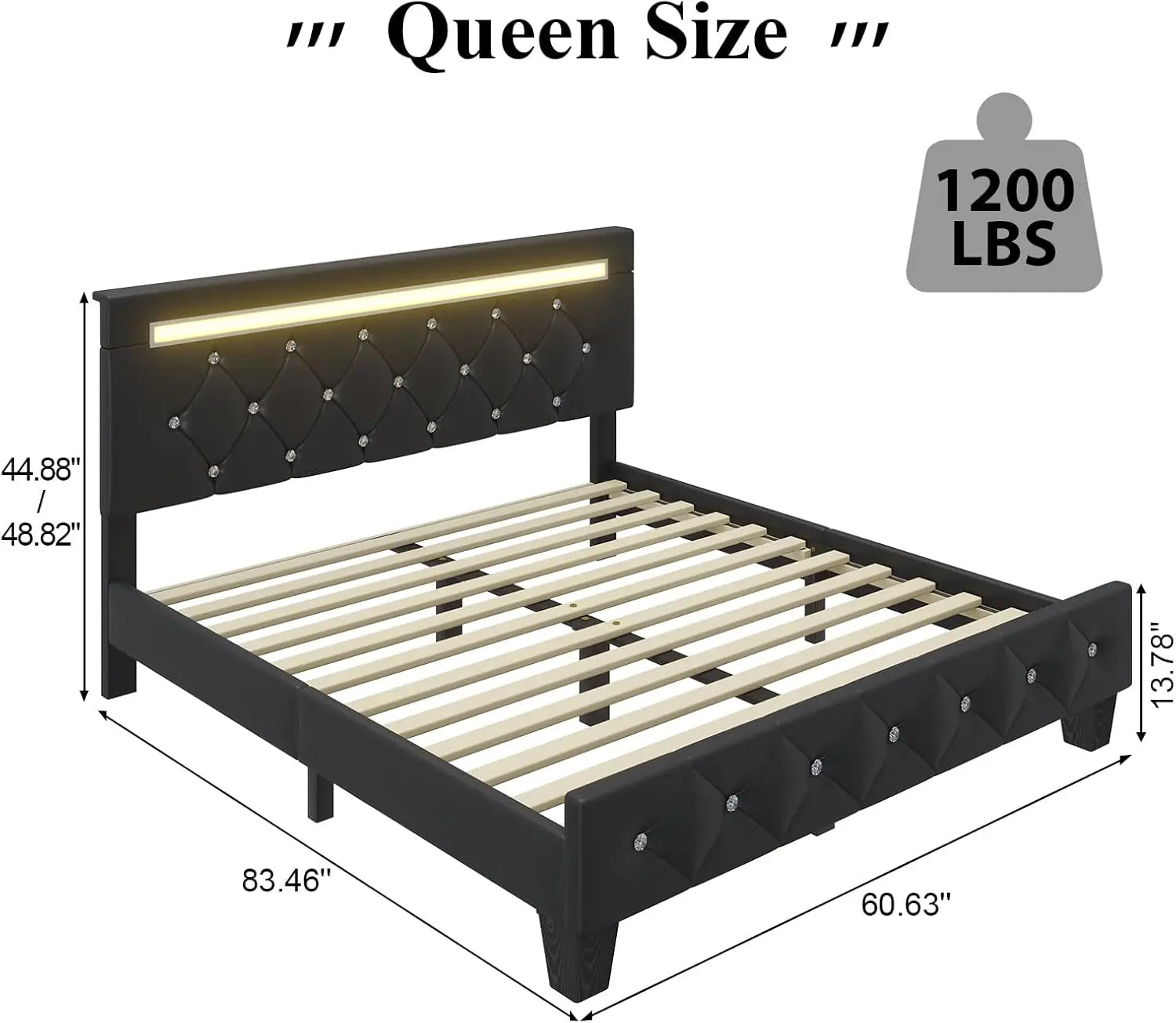 Modern Queen Size Storage Bed Frame with LED Light and Charging Station Faux Leather Upholstered Platform Bed