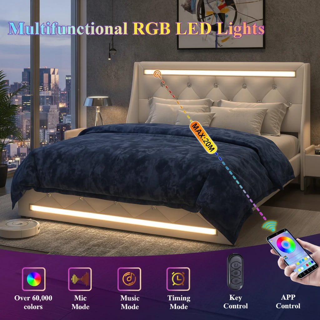 Queen Size Storage Bed Frame LED Lights Charging Station Modern Upholstered Platform Bed Diamond Headboard for Apartment Use