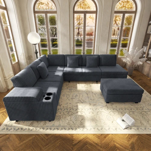 110.2" L-Shaped Sectional Sofa Set Removable Ottoman Convertible Sleeper Modern Design USB/Charging/Cup Holders Plush Corduroy