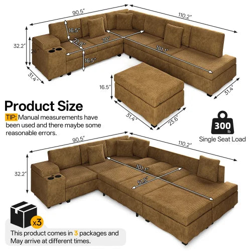 110.2" L-Shaped Sectional Sofa Set Removable Ottoman Convertible Sleeper Modern Design USB/Charging/Cup Holders Plush Corduroy
