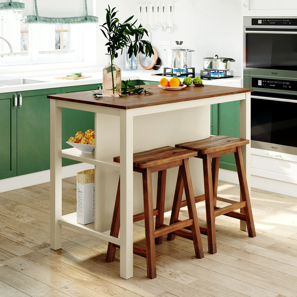Solid Wood Rustic 3-piece 45" Stationary Kitchen Island Set with 2 Seats, Wood Butcher Block Dining Table Set