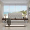 Queen Size Storage Bed Frame LED Lights Charging Station Modern Upholstered Platform Bed Diamond Headboard for Apartment Use