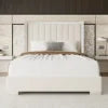 Modern White Platform Bed with Padded Headboard Metal Trim Low Profile Base for Contemporary Master Suite
