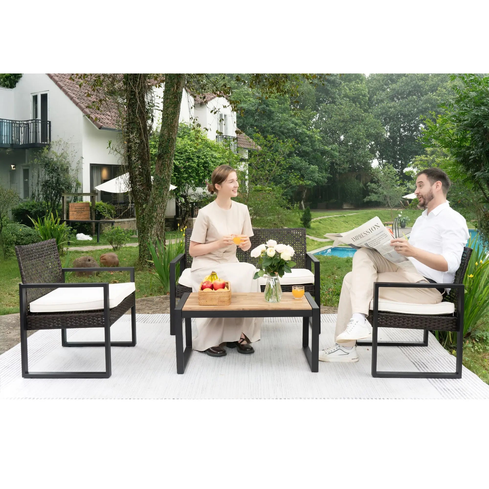 4-Piece Durable Steel Frame Patio Furniture Set Bench Outdoor Balcony Porch Garden Backyard Acacia Wood Table Top Modern Brown