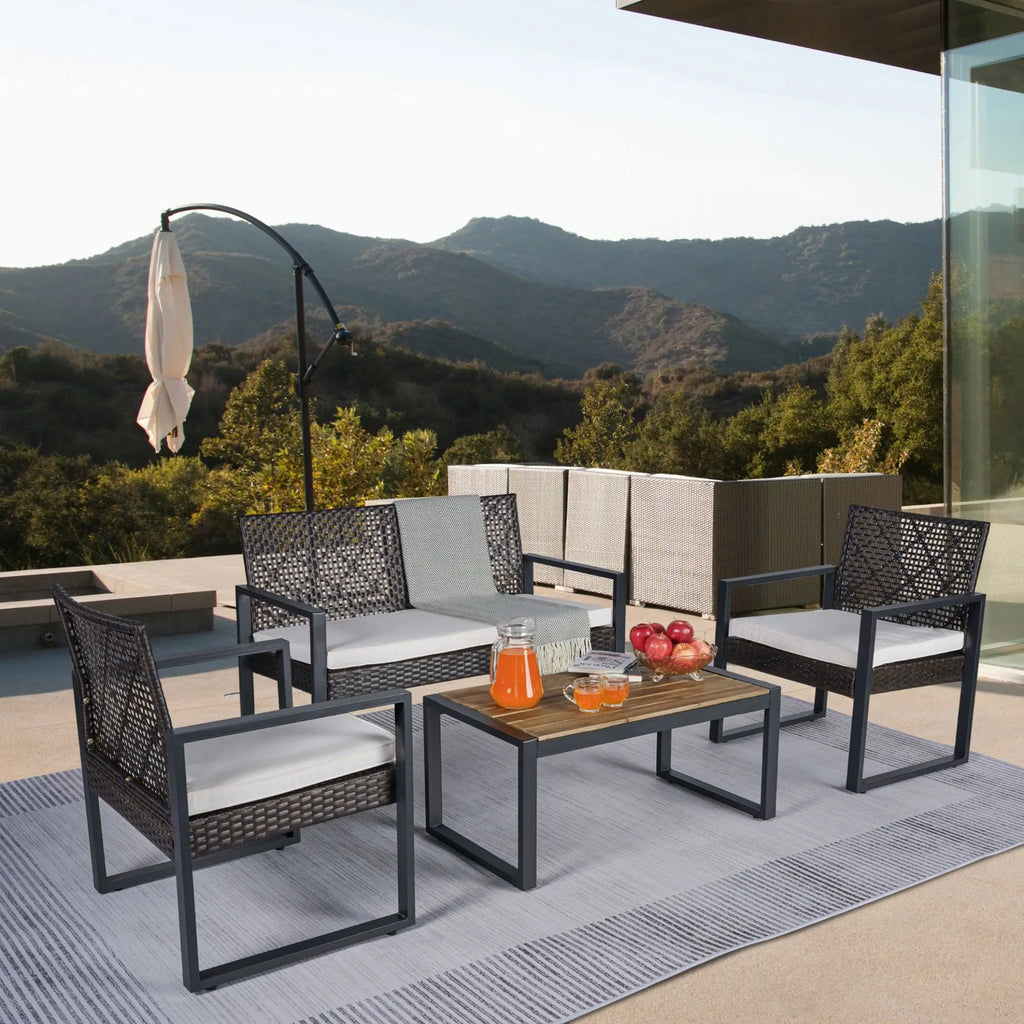 4-Piece Modern Steel Outdoor Patio Furniture Set with Wood Frame Durable Design for Balcony Garden & Backyard Use