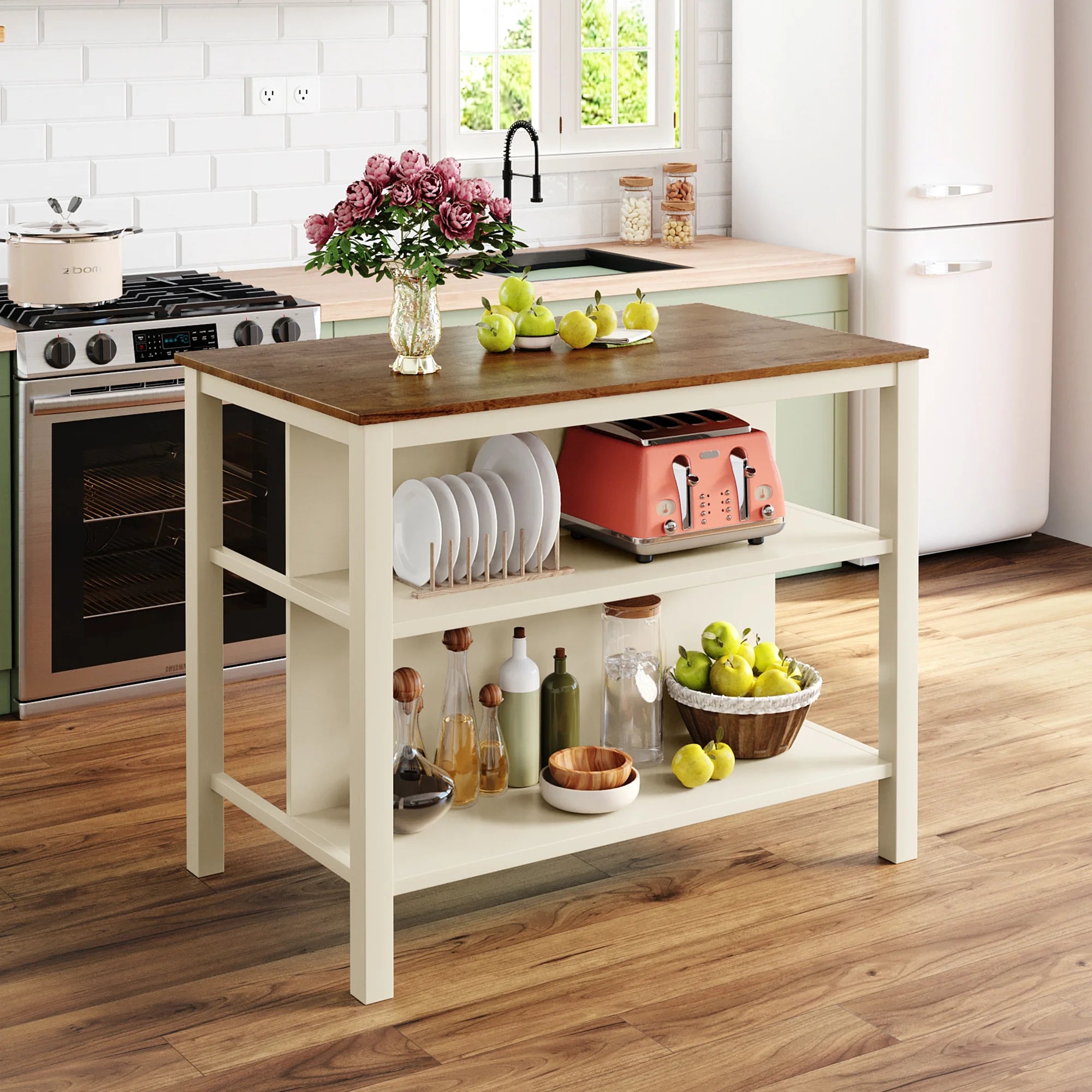 Solid Wood Rustic 3-piece 45" Stationary Kitchen Island Set with 2 Seats, Wood Butcher Block Dining Table Set