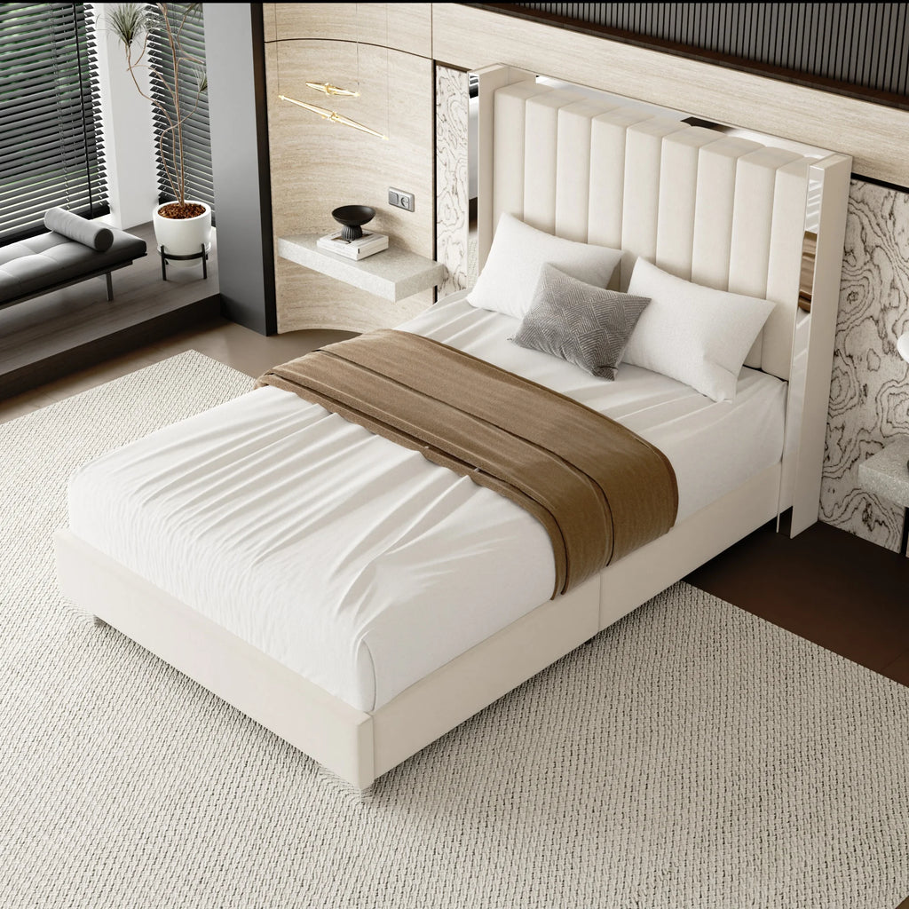Modern White Platform Bed with Padded Headboard Metal Trim Low Profile Base for Contemporary Master Suite