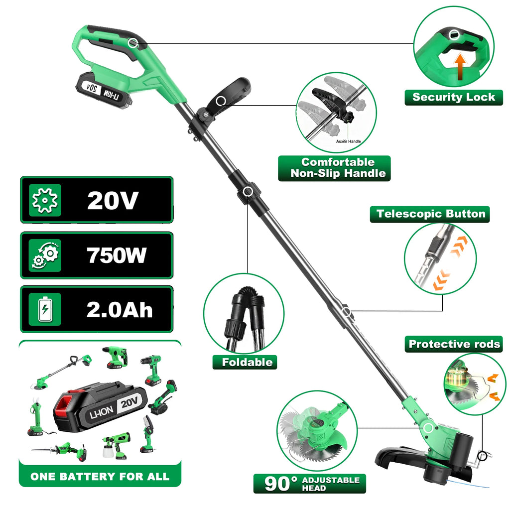 Cordless Lawn Mower 20V with Telescopic Folding Handle DIY Electric Grass Trimmer Battery Operated Garden Cutter