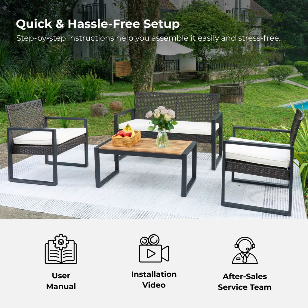 4-Piece Durable Steel Frame Patio Furniture Set Bench Outdoor Balcony Porch Garden Backyard Acacia Wood Table Top Modern Brown