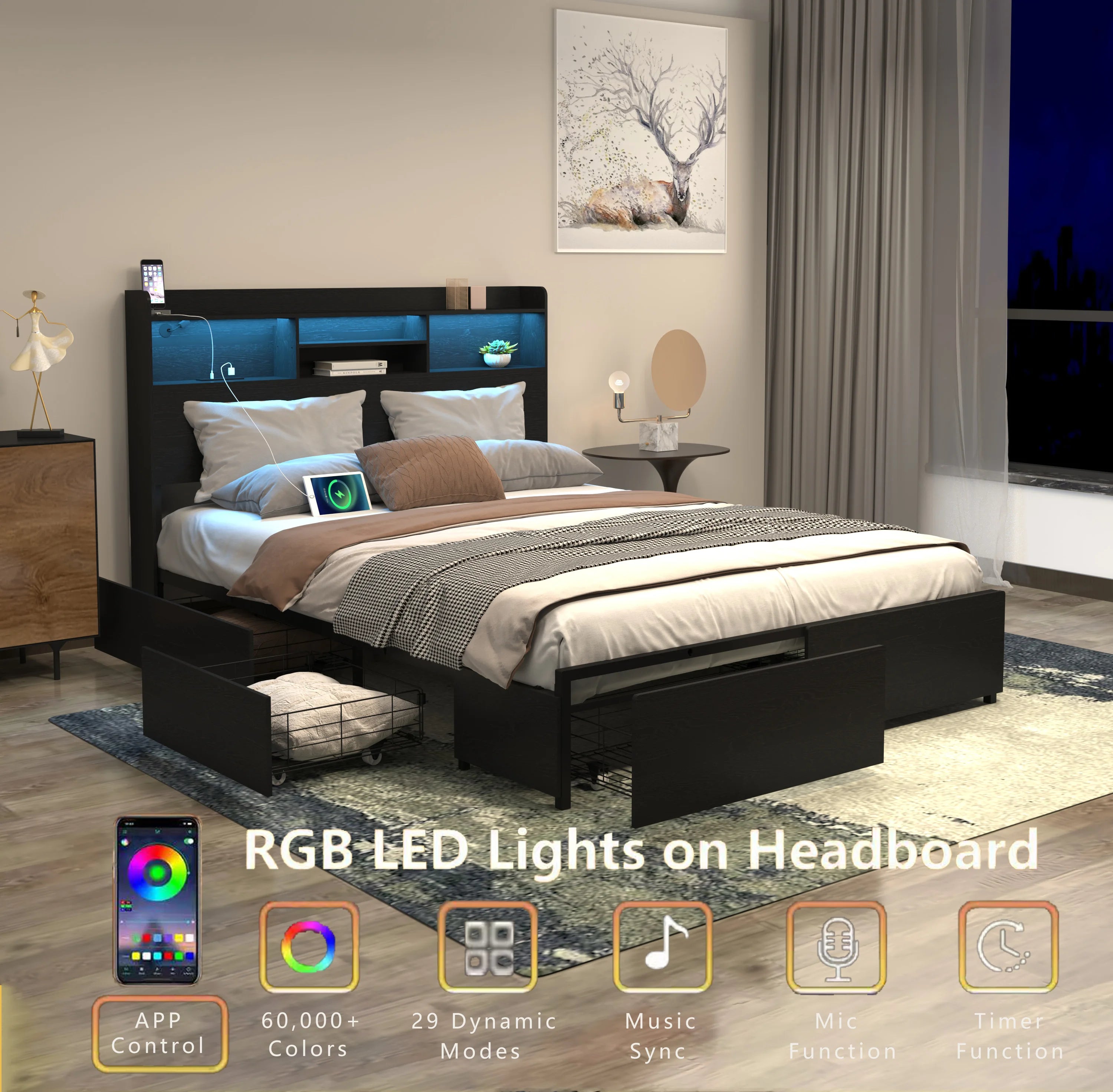 Full Size Bed Frame with 6 Storage Drawers and Storage Headboard, Storage Beds Frame with Charging Station and LED Light,