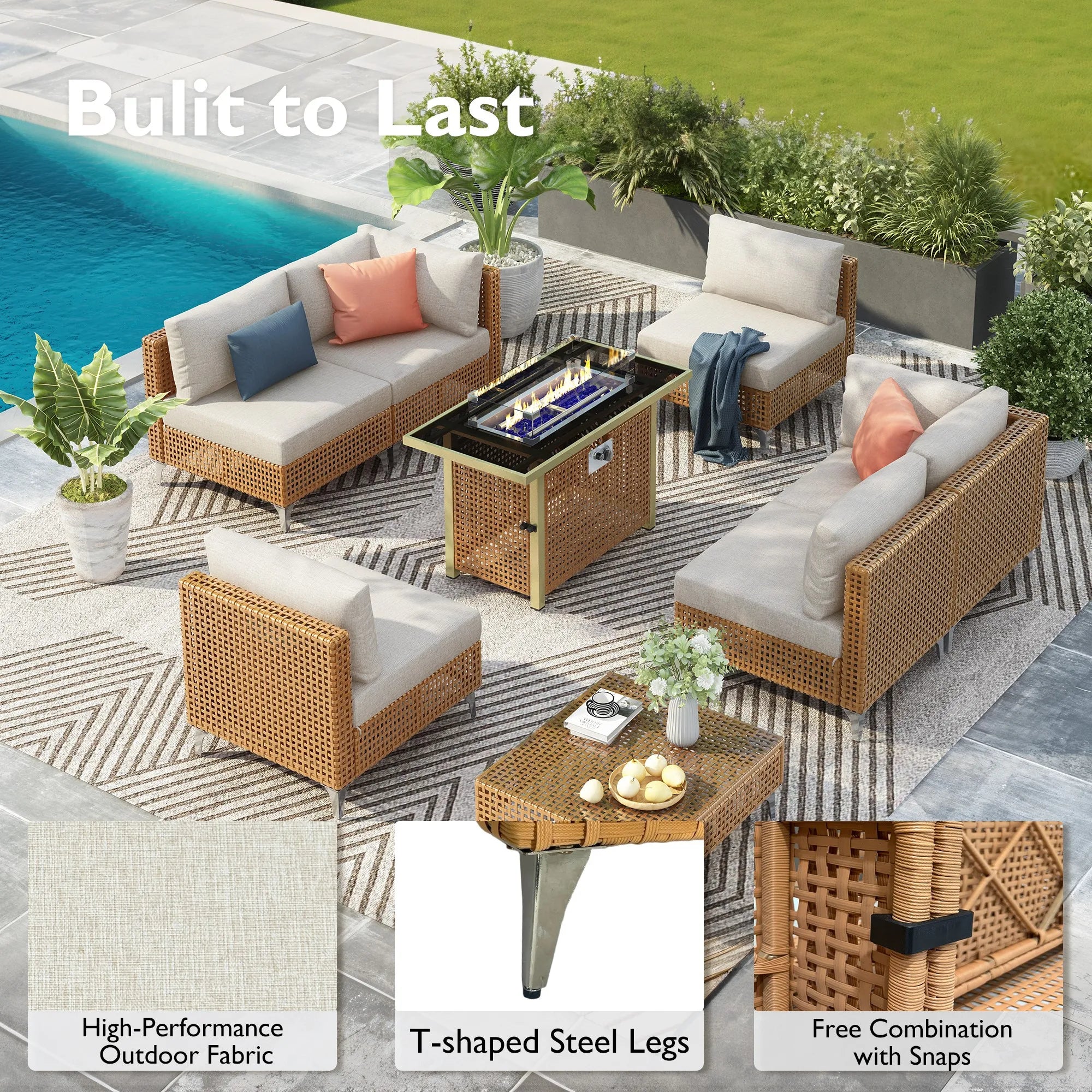 7-Piece Contemporary Wicker Patio Furniture Set Outdoor Conversation Sectional Sofa Waterproof Beige Thick Cushions Coffee Table