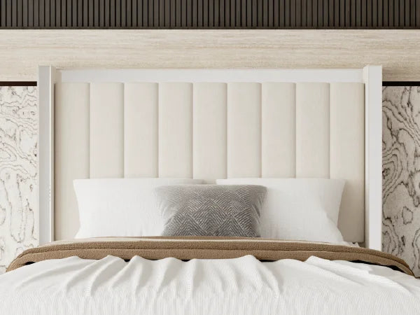 Modern White Platform Bed with Padded Headboard Metal Trim Low Profile Base for Contemporary Master Suite