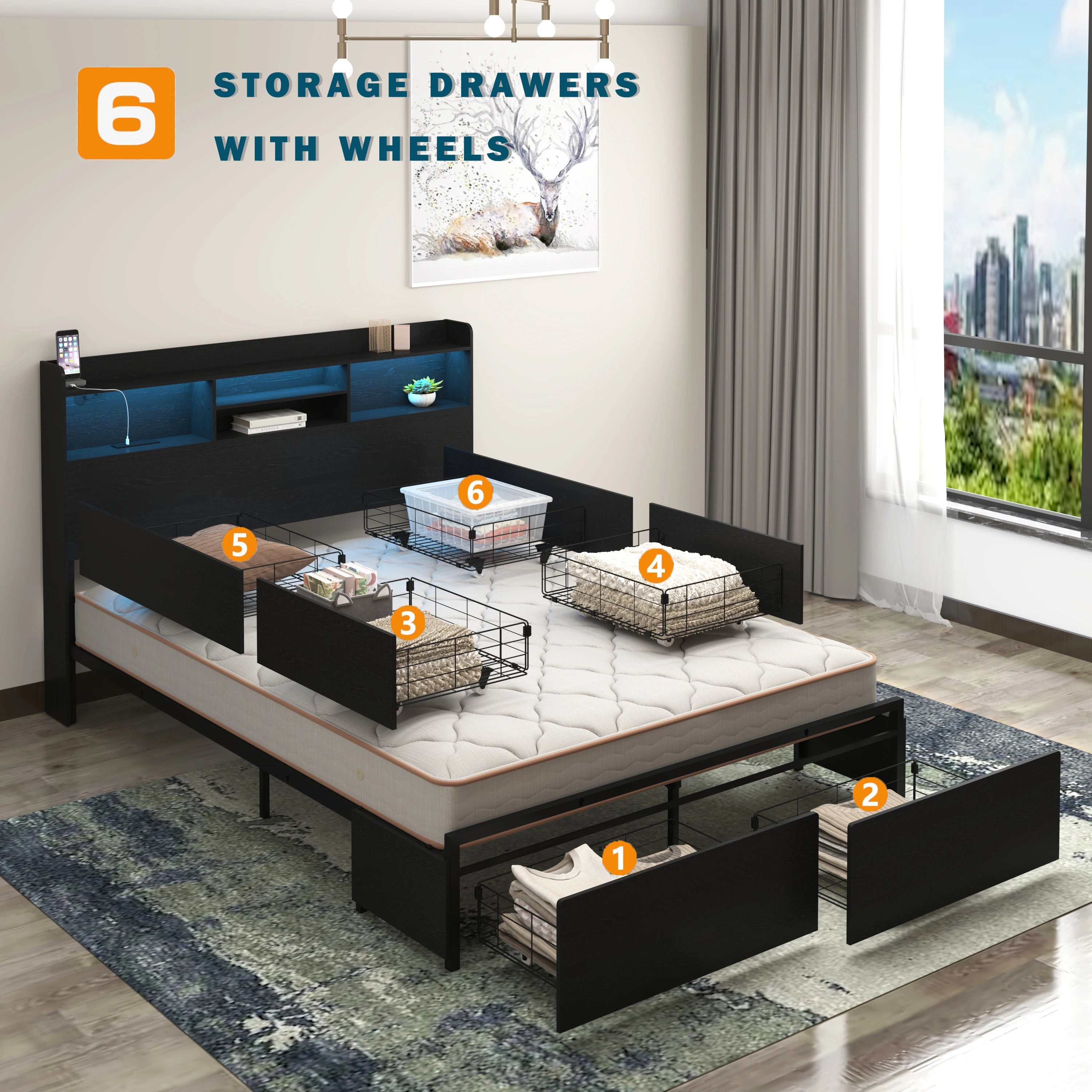 Full Size Bed Frame with 6 Storage Drawers and Storage Headboard, Storage Beds Frame with Charging Station and LED Light,