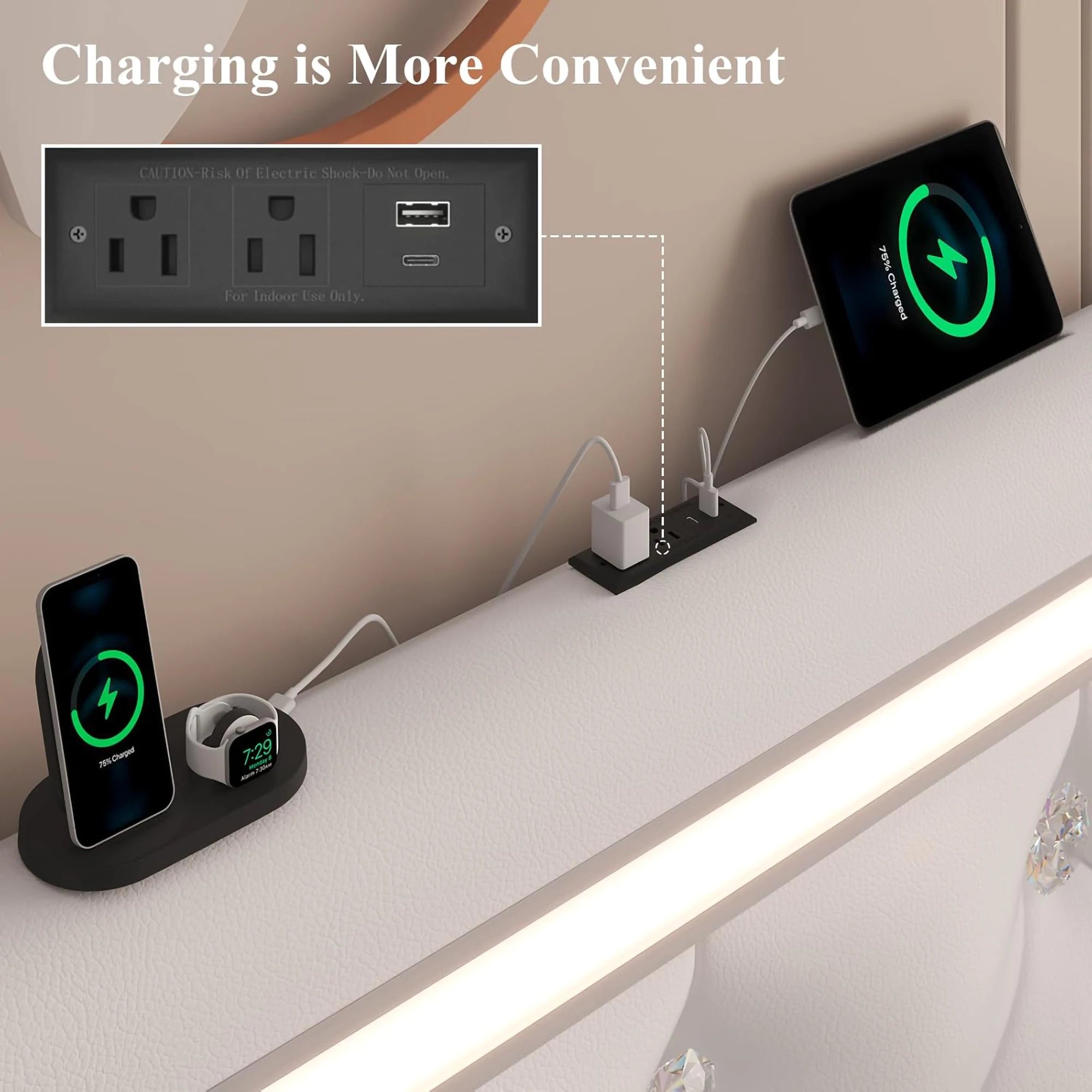 Queen Size Storage Bed Frame LED Lights Charging Station Modern Upholstered Platform Bed Diamond Headboard for Apartment Use