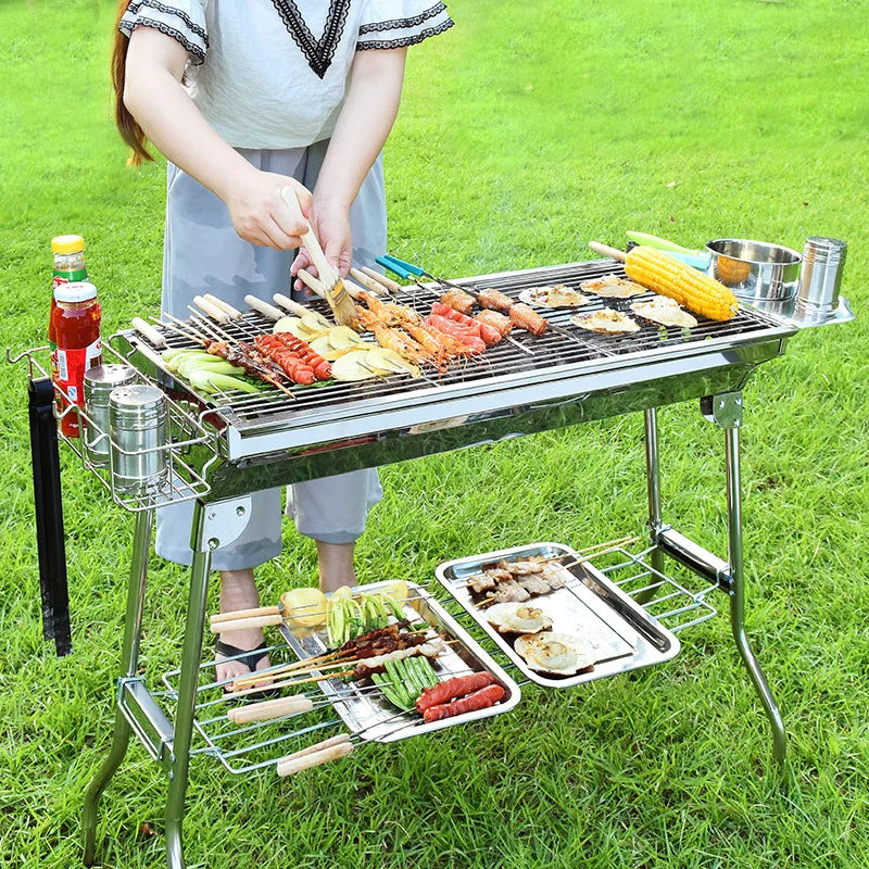 Full-set Stainless Steel Commercial BBQ Barbecue Grill , Charcoal BBQ Grills Functional Camping Barbecue Grill