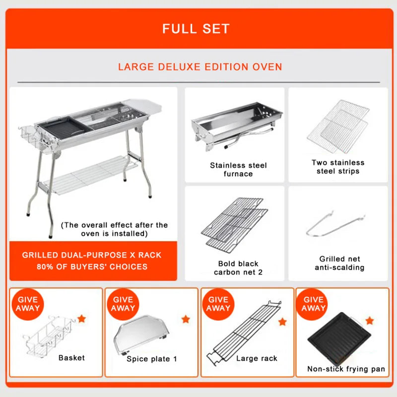 Full-set Stainless Steel Commercial BBQ Barbecue Grill , Charcoal BBQ Grills Functional Camping Barbecue Grill