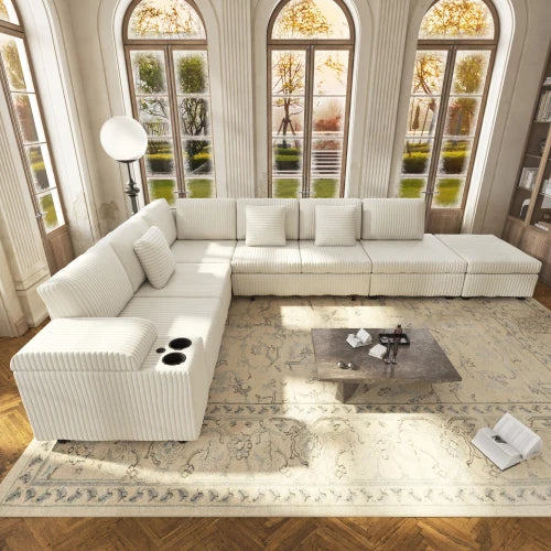 110.2" L-Shaped Sectional Sofa Set Removable Ottoman Convertible Sleeper Modern Design USB/Charging/Cup Holders Plush Corduroy