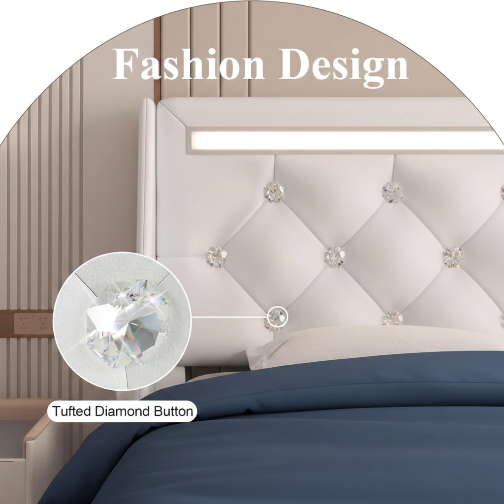 Queen Size Storage Bed Frame LED Lights Charging Station Modern Upholstered Platform Bed Diamond Headboard for Apartment Use