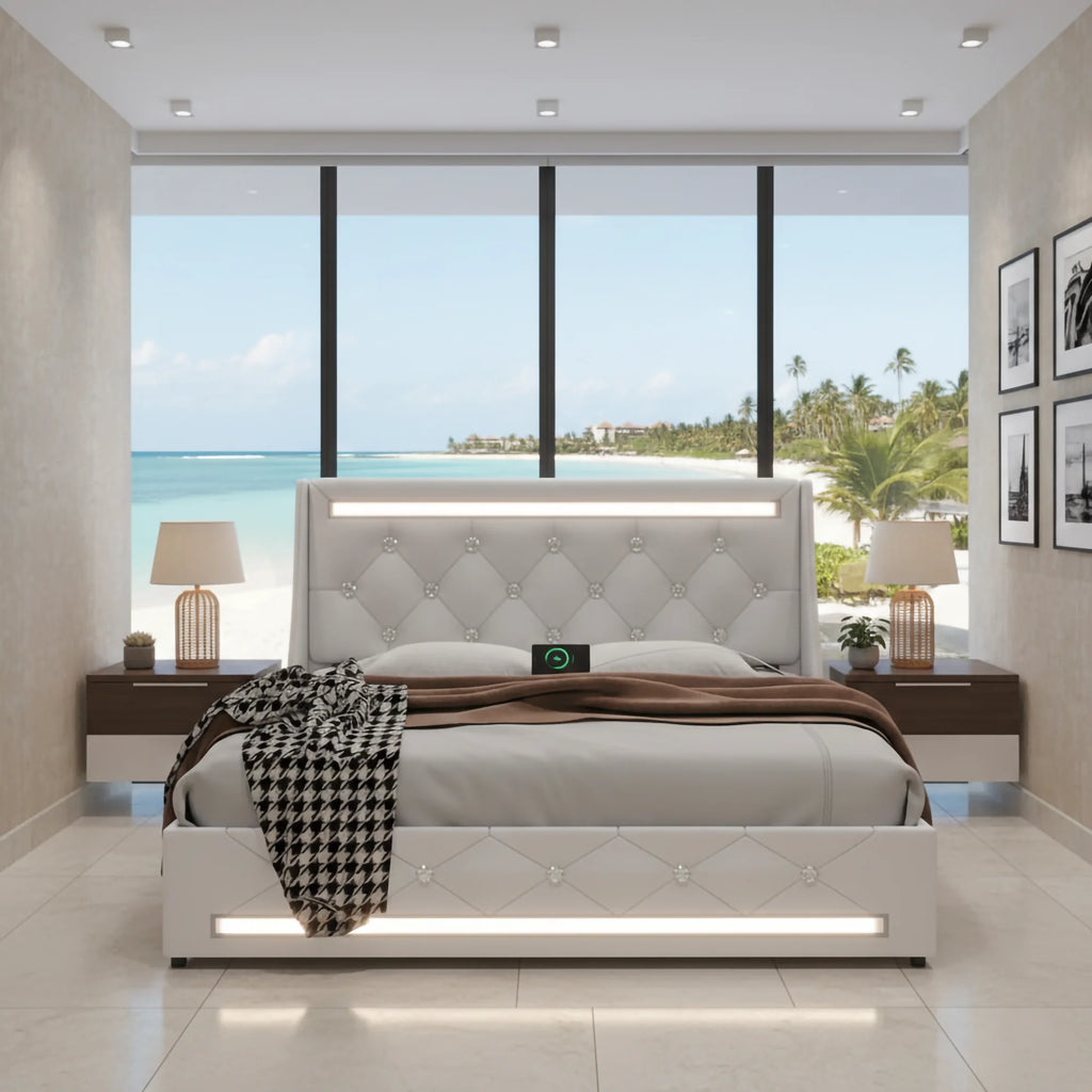Queen Size Storage Bed Frame LED Lights Charging Station Modern Upholstered Platform Bed Diamond Headboard for Apartment Use