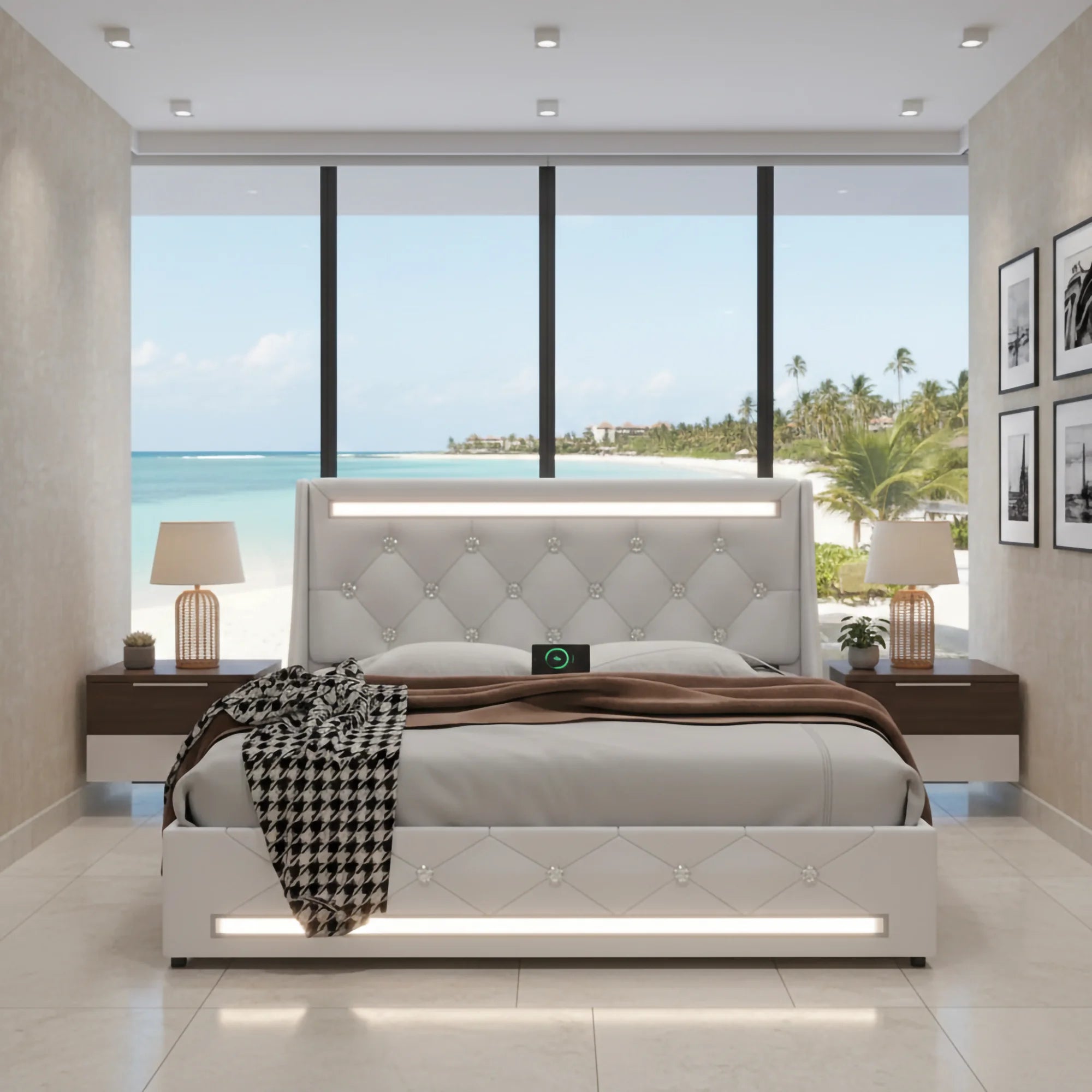 Queen Size Storage Bed Frame LED Lights Charging Station Modern Upholstered Platform Bed Diamond Headboard for Apartment Use