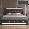 Queen Size Storage Bed Frame LED Lights Charging Station Modern Upholstered Platform Bed Diamond Headboard for Apartment Use