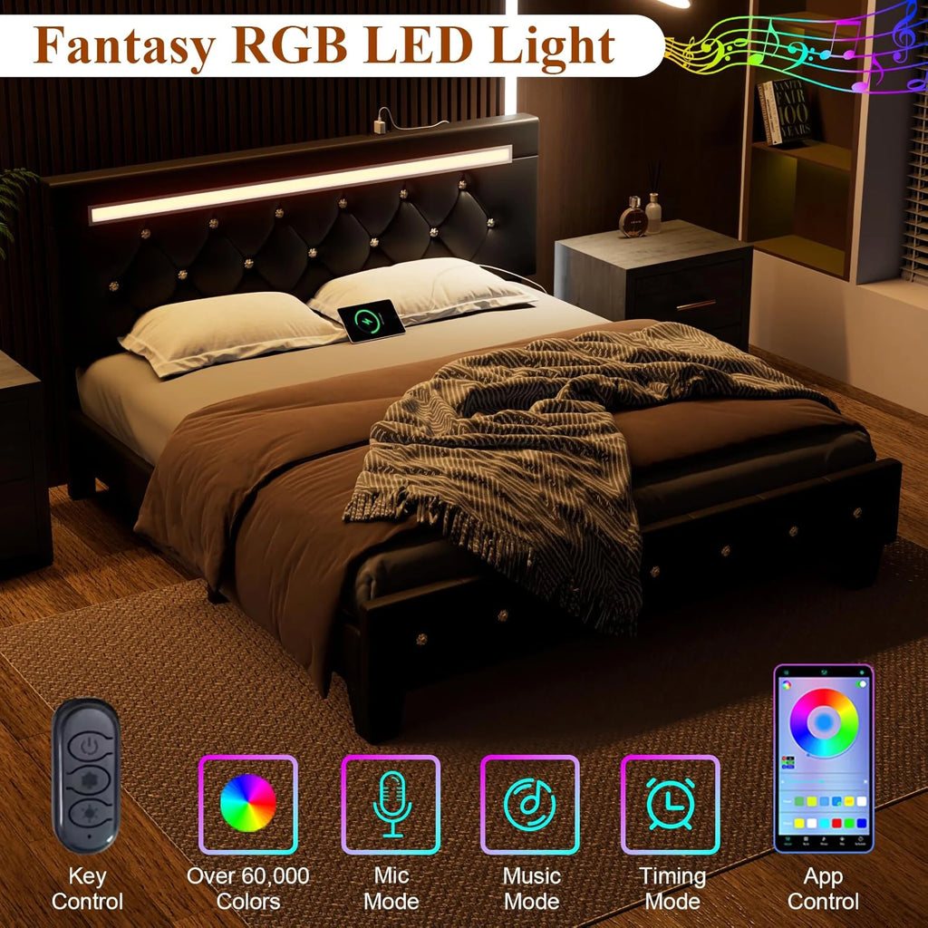 Modern Queen Size Storage Bed Frame with LED Light and Charging Station Faux Leather Upholstered Platform Bed
