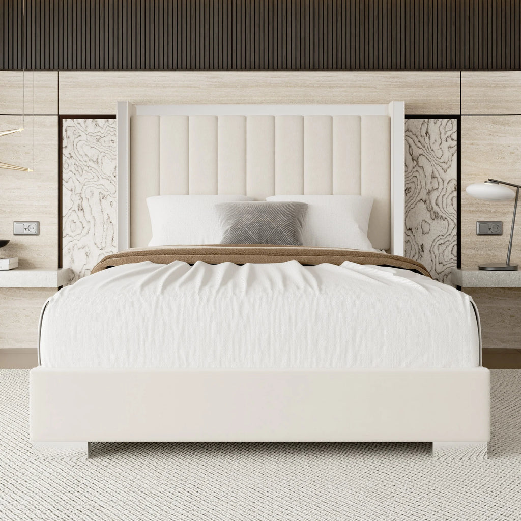 Modern White Platform Bed with Padded Headboard Metal Trim Low Profile Base for Contemporary Master Suite
