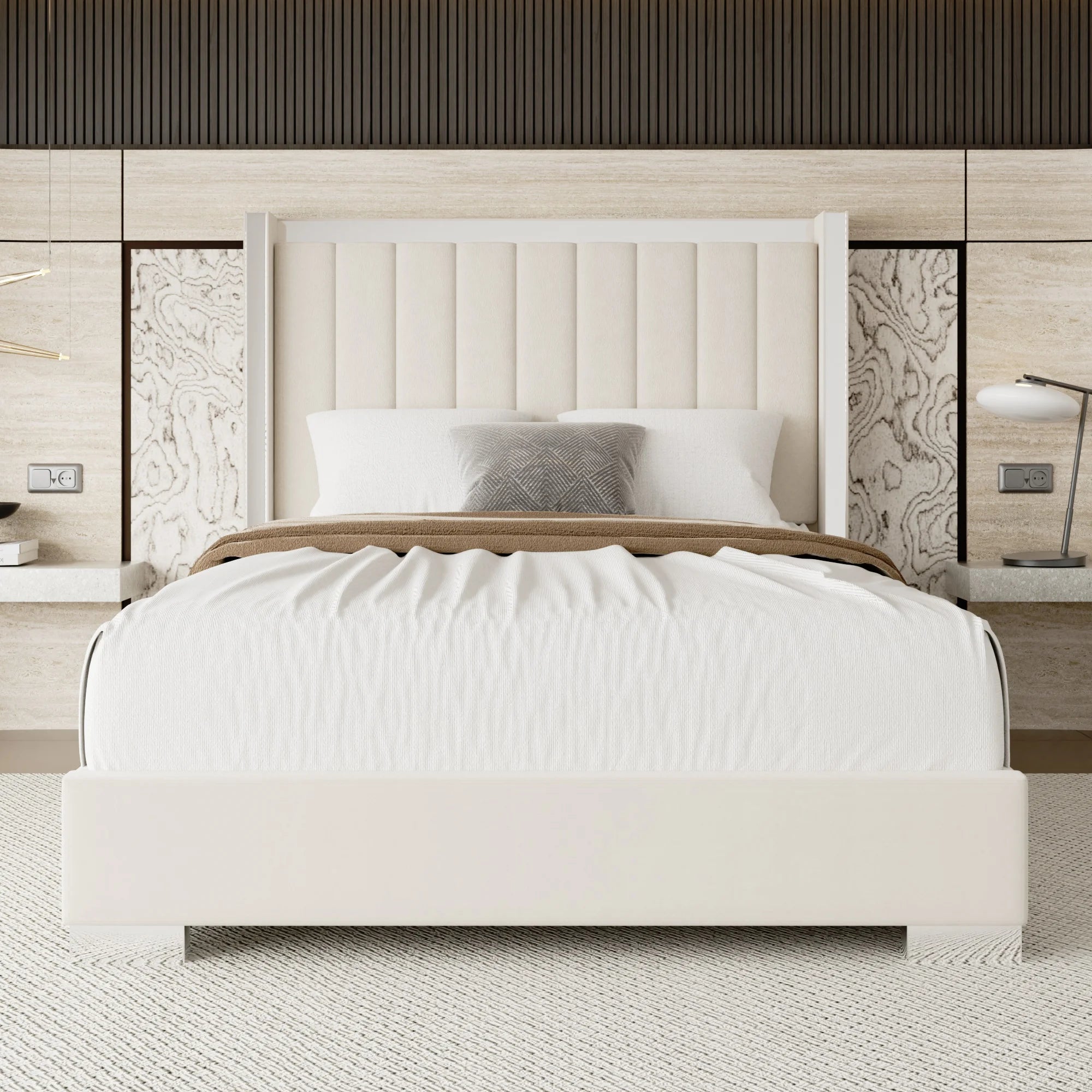 Modern White Platform Bed with Padded Headboard Metal Trim Low Profile Base for Contemporary Master Suite