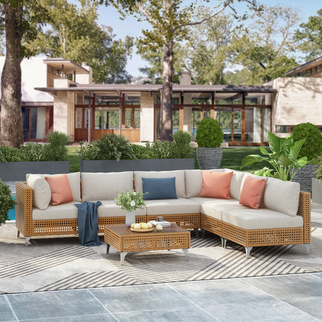 7-Piece Contemporary Wicker Patio Furniture Set Outdoor Conversation Sectional Sofa Waterproof Beige Thick Cushions Coffee Table