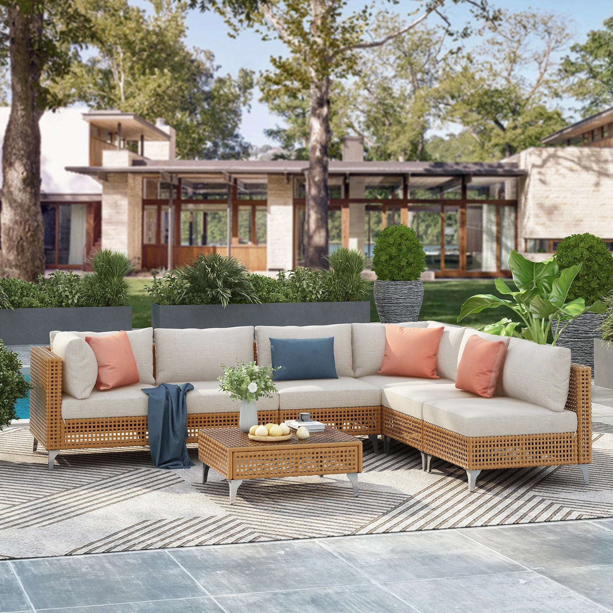 7-Piece Contemporary Wicker Patio Furniture Set Outdoor Conversation Sectional Sofa Waterproof Beige Thick Cushions Coffee Table