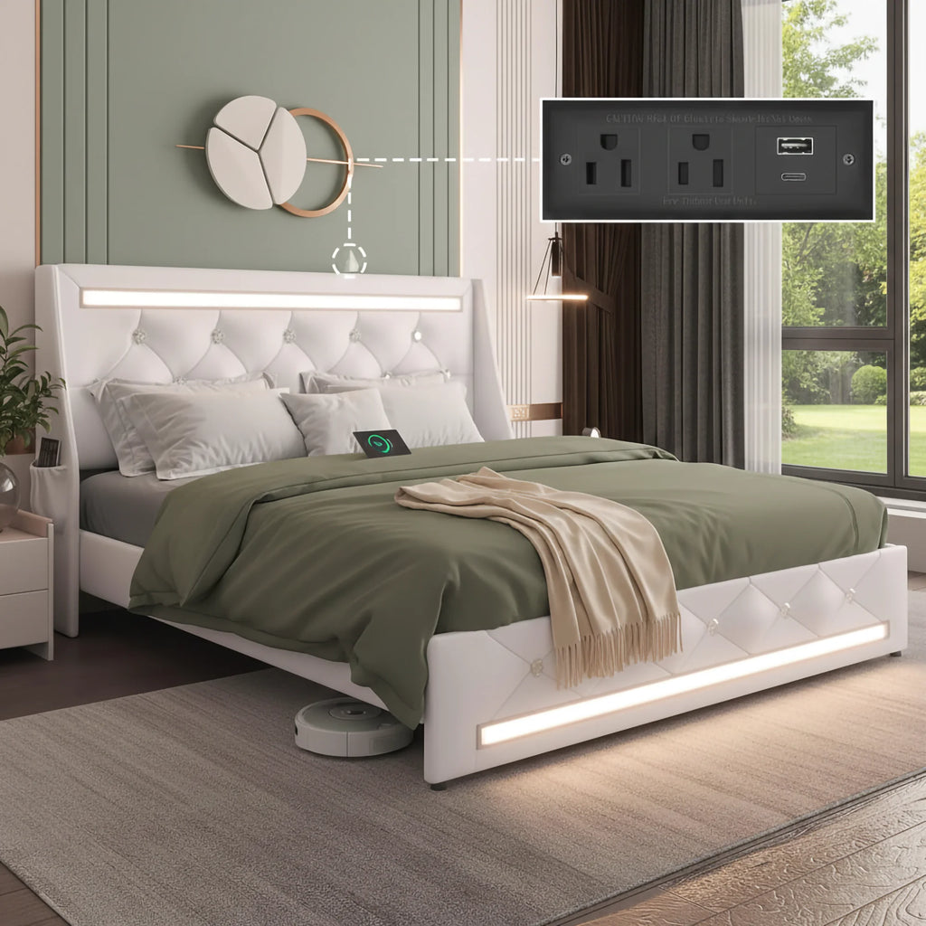 Queen Size Storage Bed Frame LED Lights Charging Station Modern Upholstered Platform Bed Diamond Headboard for Apartment Use