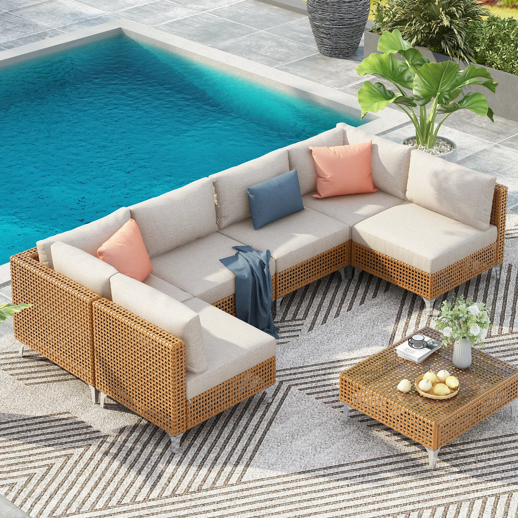 7-Piece Contemporary Wicker Patio Furniture Set Outdoor Conversation Sectional Sofa Waterproof Beige Thick Cushions Coffee Table