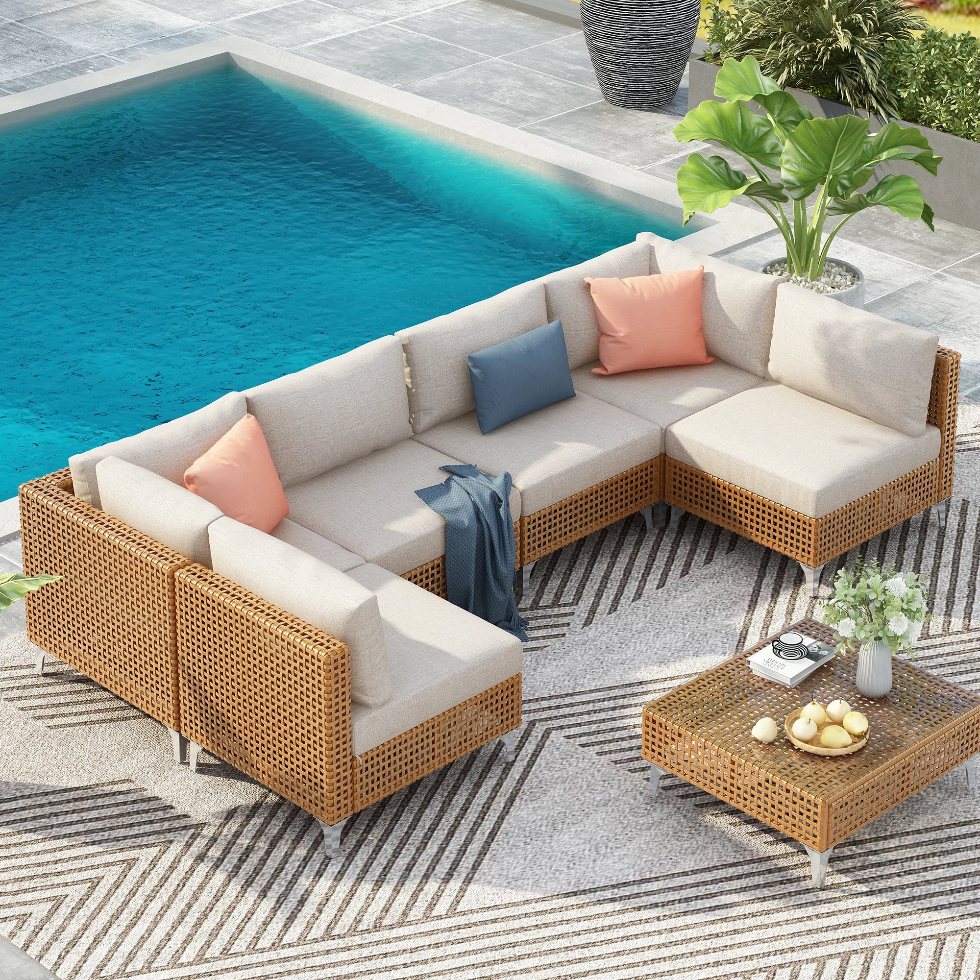 7-Piece Contemporary Wicker Patio Furniture Set Outdoor Conversation Sectional Sofa Waterproof Beige Thick Cushions Coffee Table