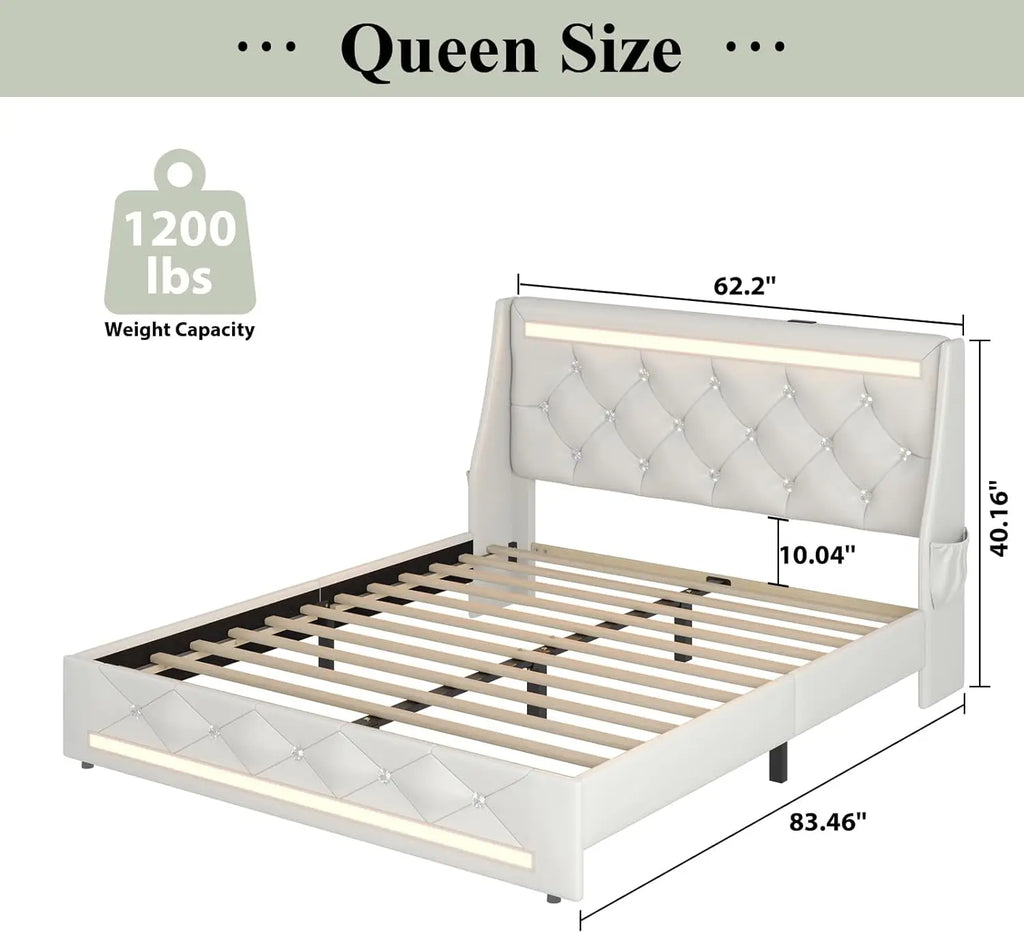 Queen Size Storage Bed Frame LED Lights Charging Station Modern Upholstered Platform Bed Diamond Headboard for Apartment Use