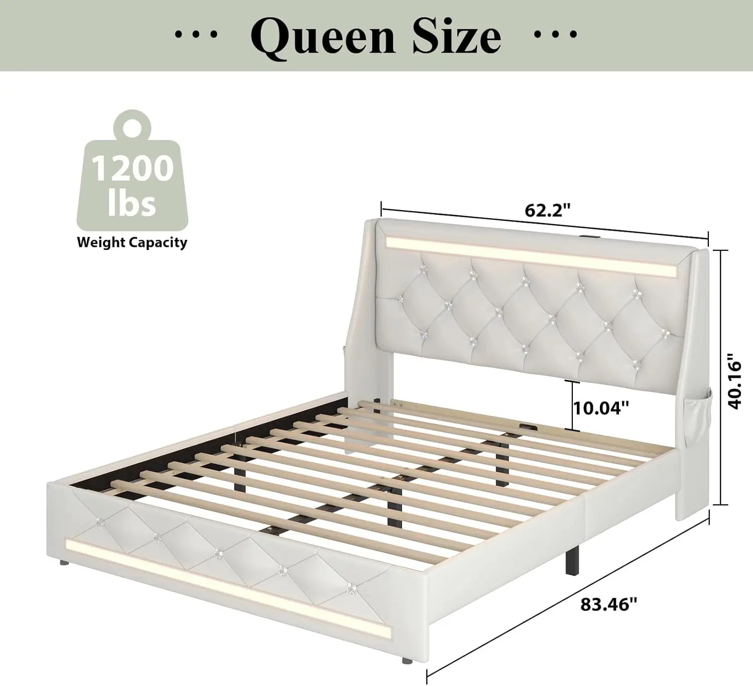 Queen Size Storage Bed Frame LED Lights Charging Station Modern Upholstered Platform Bed Diamond Headboard for Apartment Use