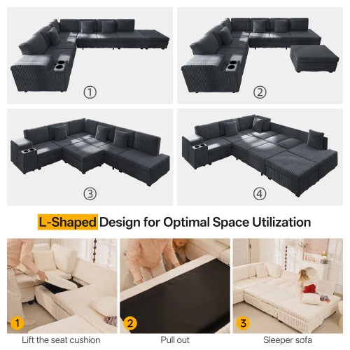 110.2" L-Shaped Sectional Sofa Set Removable Ottoman Convertible Sleeper Modern Design USB/Charging/Cup Holders Plush Corduroy