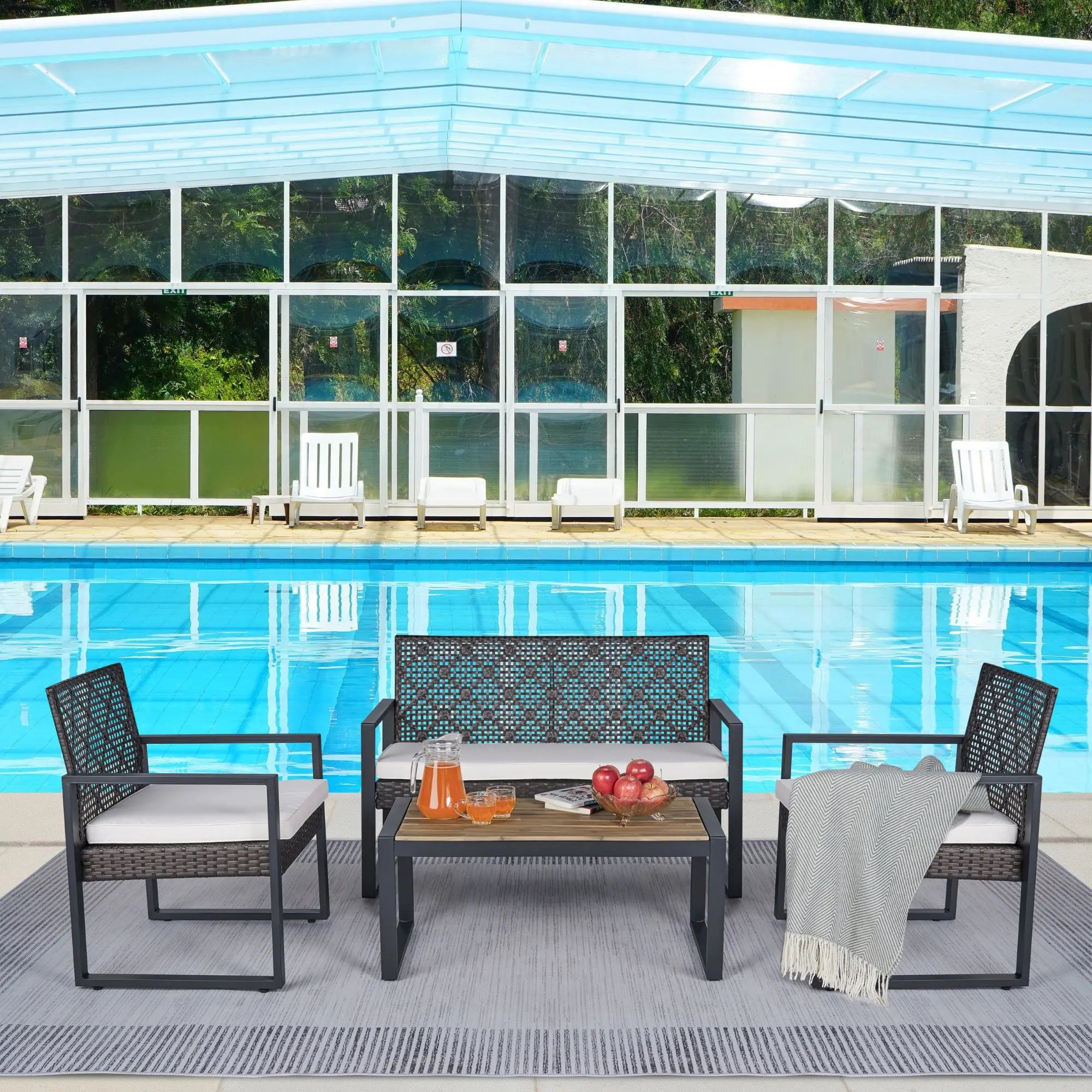4-Piece Modern Steel Outdoor Patio Furniture Set with Wood Frame Durable Design for Balcony Garden & Backyard Use