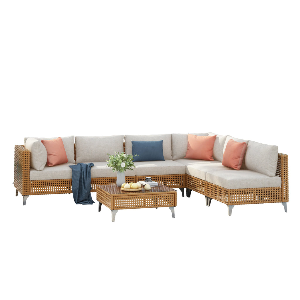 7-Piece Contemporary Wicker Patio Furniture Set Outdoor Conversation Sectional Sofa Waterproof Beige Thick Cushions Coffee Table