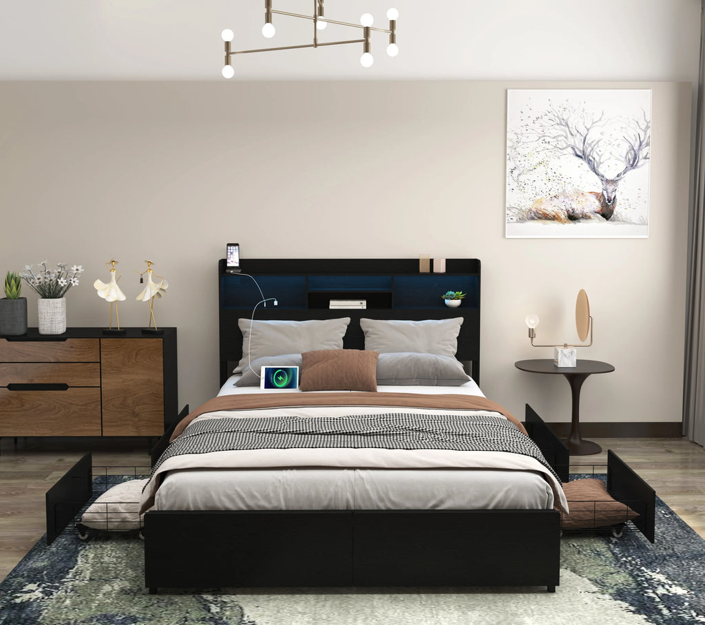 Full Size Bed Frame with 6 Storage Drawers and Storage Headboard, Storage Beds Frame with Charging Station and LED Light,