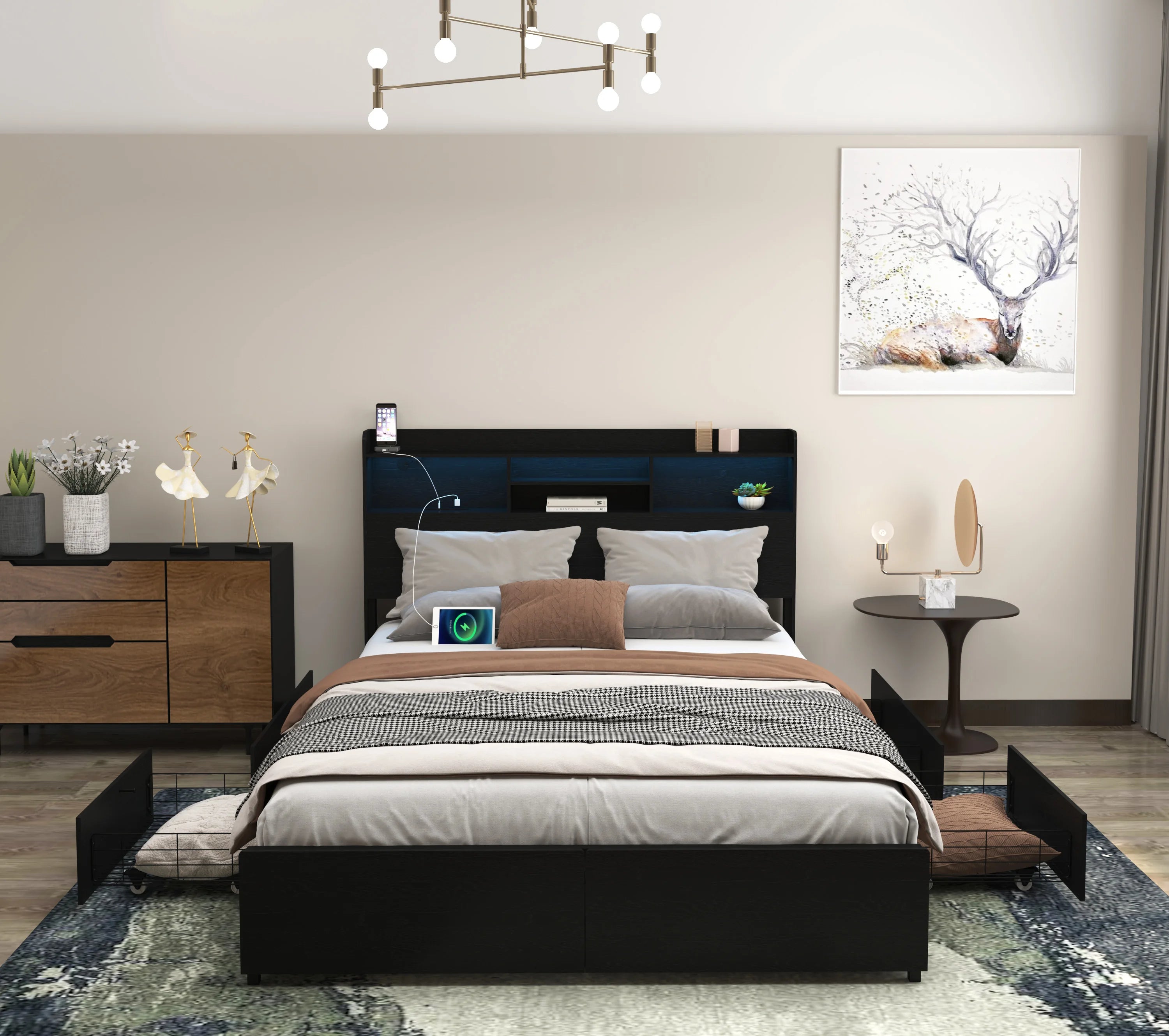 Full Size Bed Frame with 6 Storage Drawers and Storage Headboard, Storage Beds Frame with Charging Station and LED Light,
