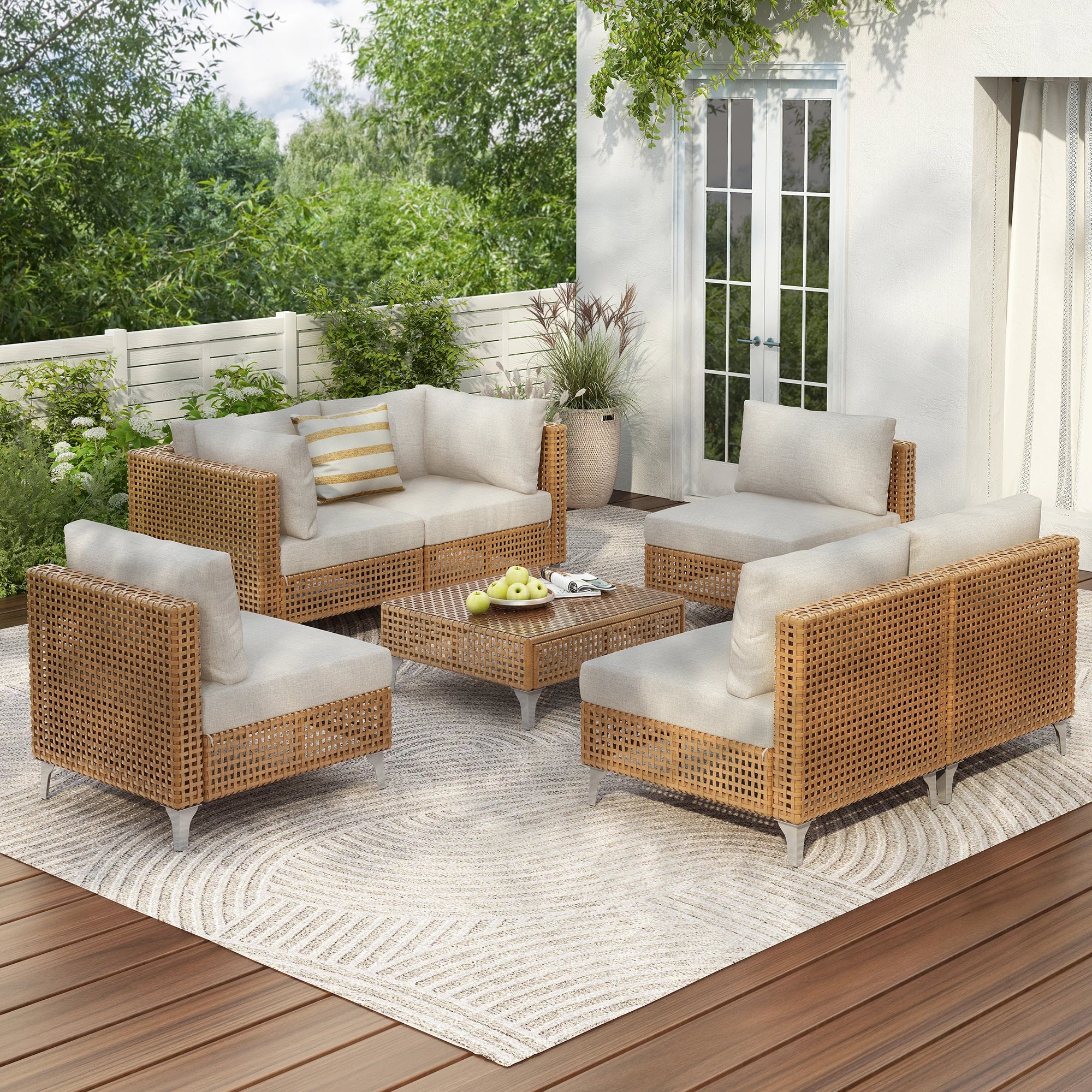 7-Piece Contemporary Wicker Patio Furniture Set Outdoor Conversation Sectional Sofa Waterproof Beige Thick Cushions Coffee Table
