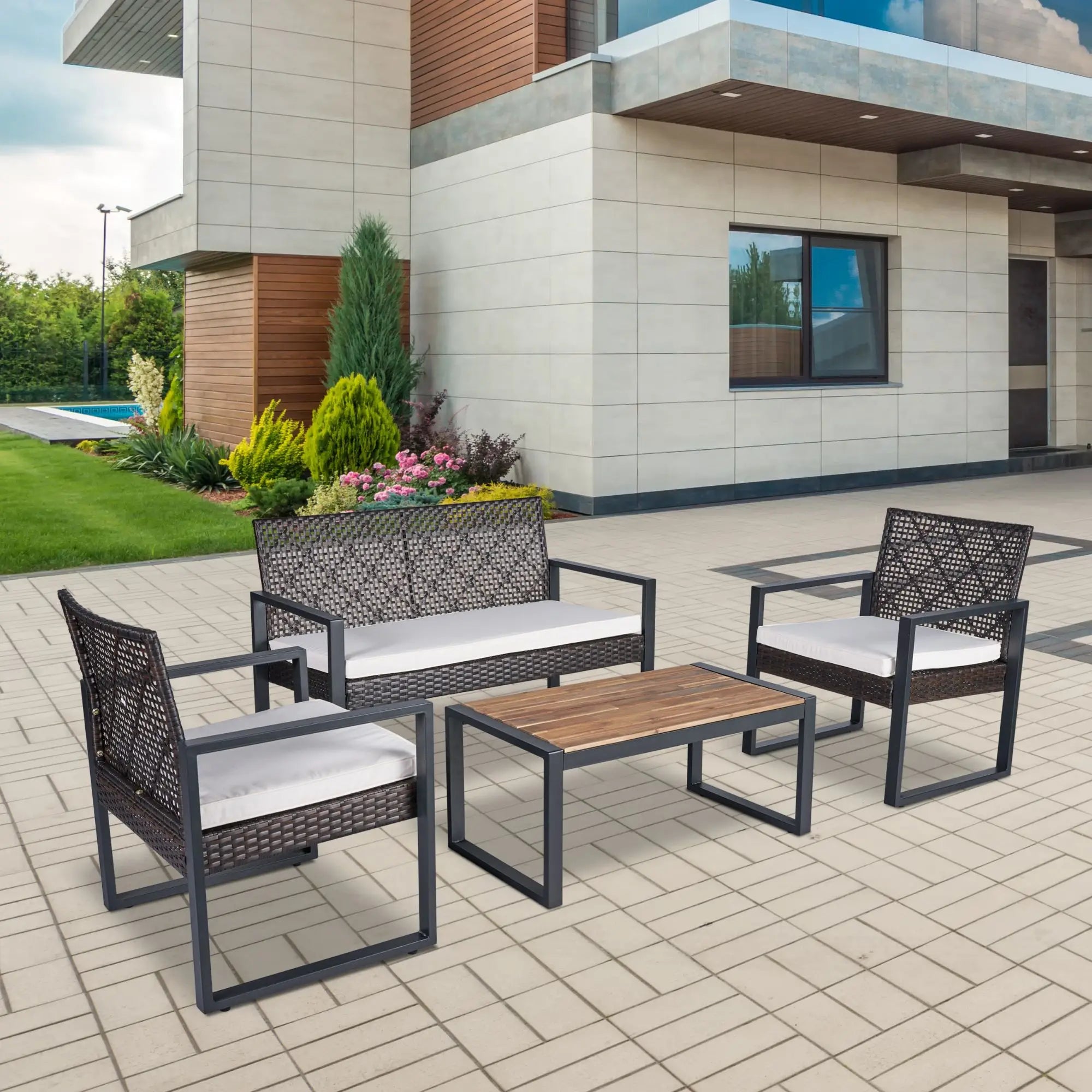 4-Piece Modern Steel Outdoor Patio Furniture Set with Wood Frame Durable Design for Balcony Garden & Backyard Use